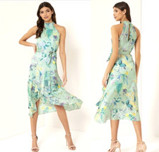 lipsy halter satin panel midi frill dress