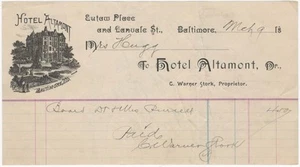 Cabezal de cartelera antiguo americano ilustrado del Hotel Altamont Baltimore Maryland 1894 - Imagen 1 de 1