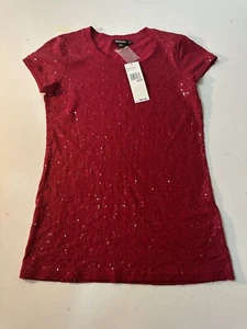 DKNY Crimson Red Sequined Short Sleeve T-Shirt Top Women’s Size XP / P - New NWT - Picture 1 of 10