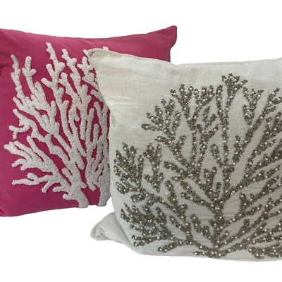 Lot of 2-Coastal Collection Coral EmbroideredPillows 20x20” One Pink/One White - Image 1 of 4