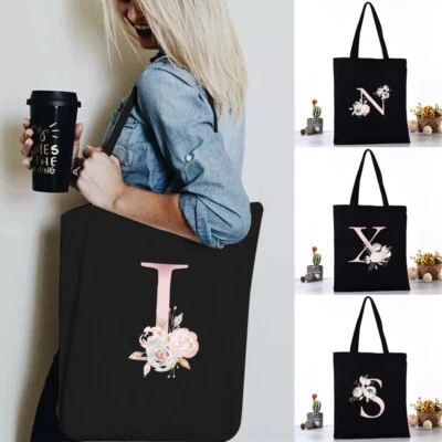 Initials Letter Cotton Canvas Shopping Bag Shoulder Tote Shopper Bags Reusable - Image 1 of 4