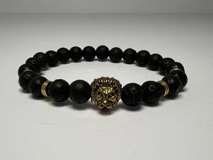 Fashion Men's Black & Gold Lava Stone Lion Beaded Charm Bracelet  - Picture 1 of 6