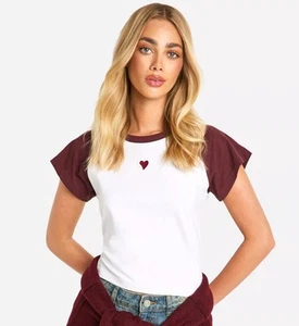 Embroidered Raglan T-shirt Boohoo Burgundy Size Uk12 - Picture 1 of 2