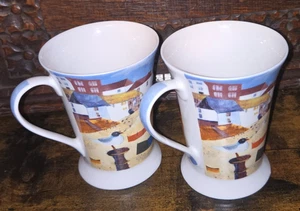Pair Of Portmeirion Pimpernel 8097 St Ives Windbreak Footed Mugs Seaside - Picture 1 of 6