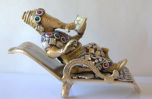 Lord Ganesha Statue Nieten Türkis Korallen Perlen Messing Handarbeit Unikat 7"  - Bild 1 von 10