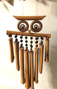 Vintage Boho Owl-Shaped Bamboo Wind Chime With Beaded Accents & Hanging String - Picture 1 of 5