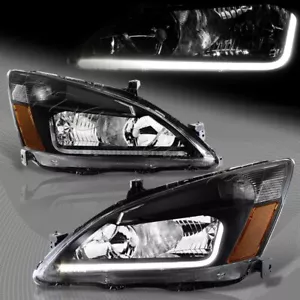 For 2003-2007 Honda Accord DRL LED Black Housing Headlights W/Amber Reflector - Picture 1 of 8