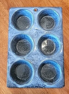 Antique Primitive Graniteware Gray Splatter Baking 6 Cup Muffin Pan Tool b - Picture 1 of 9