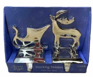 Vintage Nos Sled and Reindeer Christmas Stocking Holder Set Silver Plate - Picture 1 of 3