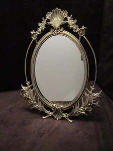 Vintage Tischplatte oder Wandbehang Messing Spiegel oval mit Staffelei 14" T Taiwan 1970’s - Bild 1 von 12