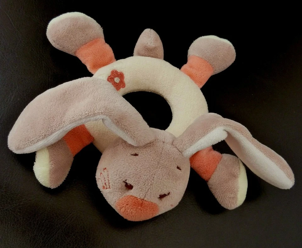 *. DOUDOU HOCHET NATTOU LAPIN MARRON BEIGE ECRU ORANGE FLEUR GRELOT EXCELLE ETAT - Photo 1/1