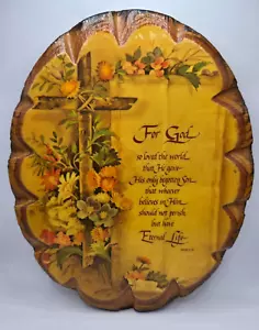 Placa de pared ovalada de madera marrón vintage: Juan 3:16 cruz floral 8" X 6,5" - Imagen 1 de 4
