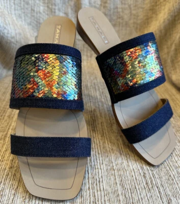 Nuevas sandalias sin cordones Tahari para mujer FERN multicolor arco iris lentejuelas y mezclilla 7,5 Foto 1 de 4