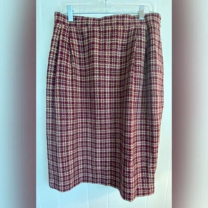 Leslie Fay Skirt Women’s Large Red Blue Beige Plaid Wool Blend Midi Academia - Picture 1 of 7
