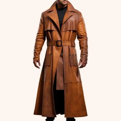 Sheep Leather Men Long Coat Handmade Brown Duster Coat Men Leather Winter Coat - Image 1 of 3