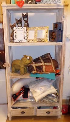 Libreria in legno di teak bianca decapata cm 92x42x188h 2 cassetti shabby chic - Immagine 1 di 4