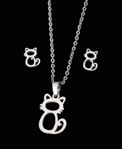 KINDER SCHMUCKSET KATZE CAT KETTE SILBER OHRRINGE HALSKETTE MÄDCHEN SET KITTY - Picture 1 of 1