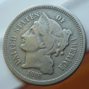1868 BOLD "LIBERTY"(NICE GRADE) THREE CENT NICKEL - NICE LITE TONE+++ - Picture 1 of 4