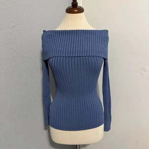 BCBGMaxAzria Blue Off-the-Shoulder Elegant Stretchy Sweater Size XXS - Picture 1 of 16