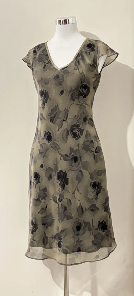 Vintage 90s Cue Mini Dress Size 10 Khaki Black Floral Roses Cap Sleeve Evening - image 1 of 4