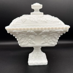 Westmoreland Beaded Grape Vine Leaf Milk Glass Compote Vintage EUC - Picture 1 of 11
