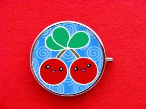 KAWAII CHERRY TATTOO RING TRINKET STASH ROUND MINT METAL PILL BOX CASE - Picture 1 of 2