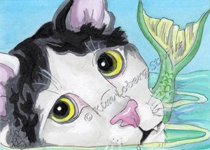 ACEO orig Selfie Mercat esmoquin de mar gatito gato pez Loberg océano fantasía mini arte - Imagen 1 de 3