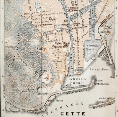 Mapa Cette Sul da França Raro 1914 Litografia Primeira Guerra Mundial Rua Mini Folha DWAA20B - Imagem 1 de 2