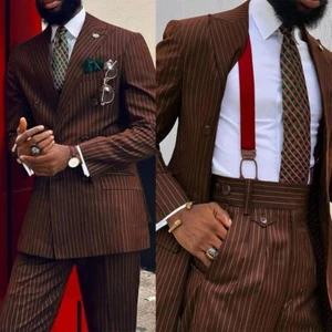 Mens Striped Suits 2Pcs Wide Peak Lapel Business Formal Wedding Tuxedos Customed - Picture 1 of 7