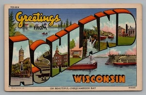 Carta grande postal de felicitación Ashland Wisconsin Chequamegon Bay lino sin publicar - Imagen 1 de 2