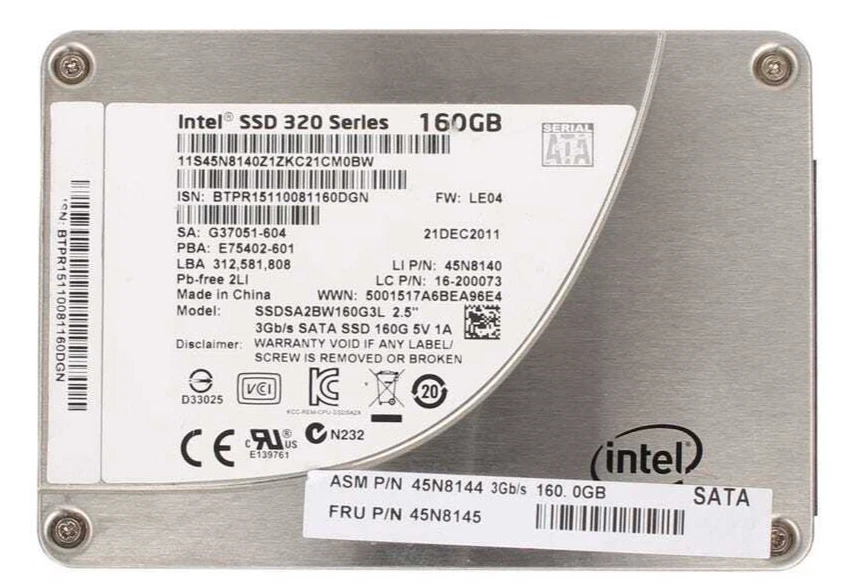Intel SSD 320 Series 160GB SSDSA2BW160G3L 3Gb SATA SSD 45N8140 Solid State Drive - Image 1 of 1