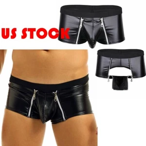 Mens Wet Look Boxer Shorts Faux Leather Trunks Zipper Pouch Underwear Underpants - Picture 1 of 31