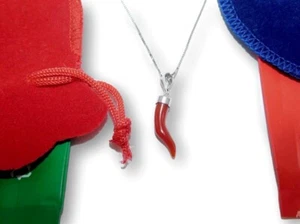Horn in red Coral Pendant of 925 silver gemstone Cornicello Men Women and chain - Picture 1 of 3