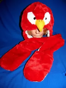 Fleece Lined Winter Plush Faux Fur Long Animal Red Bird Hat w/Scarf, Mittens - Picture 1 of 2