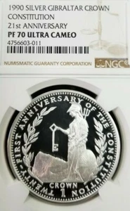 1990 GIBRALTAR SILVER CROWN CONSTITUTION ANNIV NGC PF 70 ULTRA CAMEO PERFECTION - Picture 1 of 3