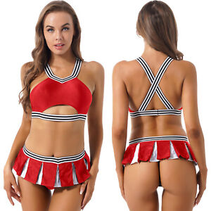 Women Cheerleading Role Play Outfit Striped Crop Top with Pleated Skirt G-string