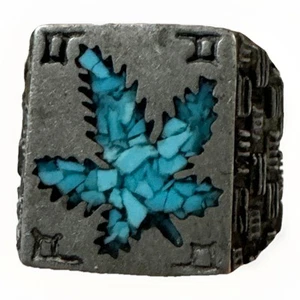 Vintage Turquoise Steel Ring Pot Leaf Weed Jewelry Taxco - Picture 1 of 6