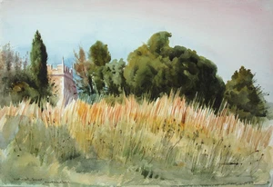 Nathaniel Sparks 1880–1956 Watercolour landscape Bratton Seymour Church - Picture 1 of 6