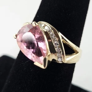 14K Gelbgold Ring mit rosa Citrin & 10 Teeny Diamanten 6,3g Gr. 7 [8641] - Bild 1 von 9