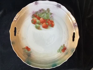 Antique Handled Platter - Strawberries - beaded border - scalloped - 10" - Picture 1 of 2