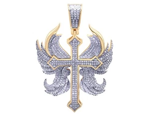 Angel Wings 4/5 CT Real Diamond Cross Pendant 1.76" 10K White Gold - Picture 1 of 4