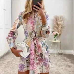 Mini Vestido ZARA Floral Loro Mezcla de Lino Cinturón Manga Larga Talla Pequeña Sin Cinturón - Imagen 1 de 5