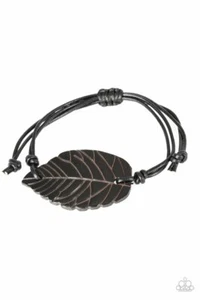 Paparazzi Bracelet - Black Leather - Forester Forager - Leaf Design Pull string - Picture 1 of 2