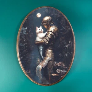 MERMAID CAT AND KNIGHT WOODEN DECOR, Gothic Wood Plaque, Cottagecore Fantasy Art - Picture 1 of 4