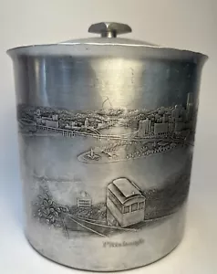 VTG Ice Bucket Wendell August Hammered Aluminum Pittsburgh Skyline Ceramic Liner - Picture 1 of 17