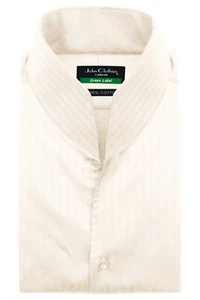 Cream, Off White Pin Stripes Dress Shirt Men 3'' High Open Buttonless V Collar - Picture 1 of 7