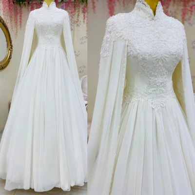 Muslim Chiffon Wedding Dress with Cape High Neck Beads Lace Applique Bridal Gown - Image 1 of 4