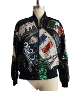 IB Diffusion 1992 Travel Theme Sequin Bomber Jacket Size S Oversized Vintage - Picture 1 of 5