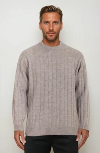 Ansett Pure Wool Cable Knit Crew Neck Jumper Sweater Knitwear Sable Beige Cream - Picture 1 of 1