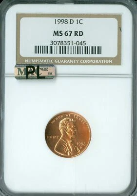 1998-D LINCOLN CENT NGCMS67 RED PL 2ND FINEST REGISTRY  MAC SPOTLESS * - Image 1 of 4